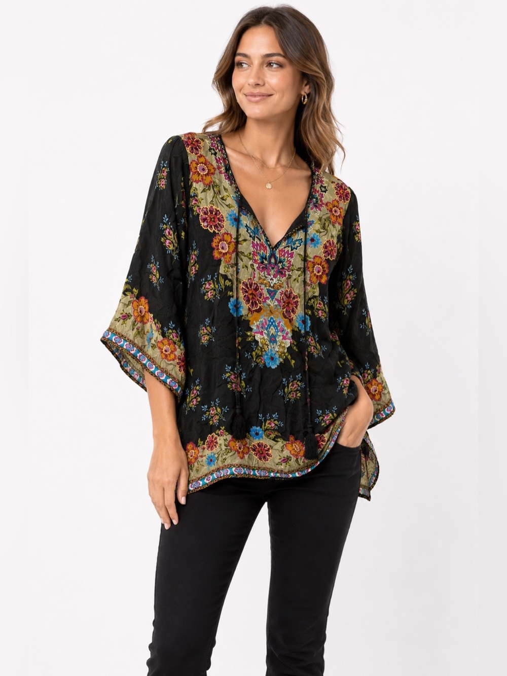 Tolani Top Womens Medium Floral Boho Black Tassel V Neck Blouse Embroidered